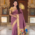 Mauve Cotton Silk Saree Golden Border Peacock Floral Designer Pallu