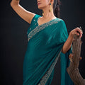 Teal Green Silk Saree with Embroidered Border Designer Saree