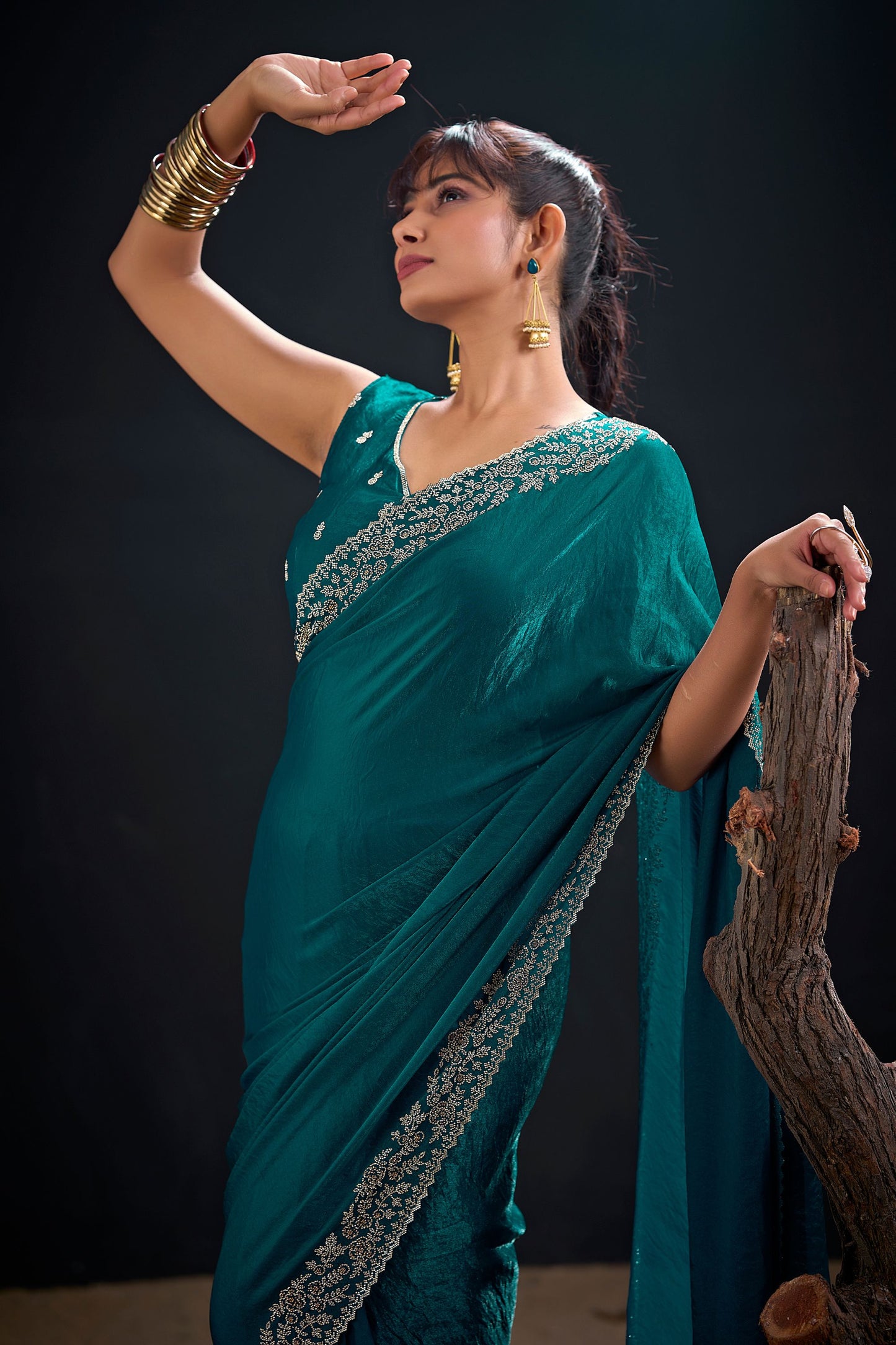 Teal Green Silk Saree with Embroidered Border Designer Saree