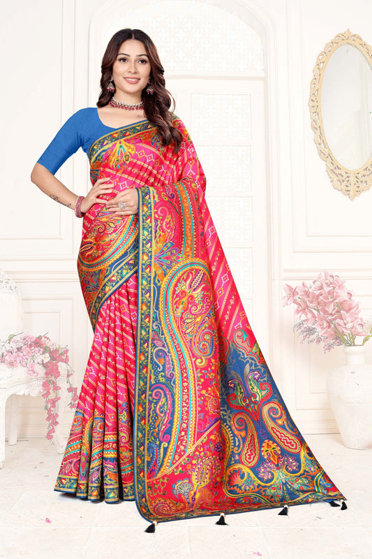 Rani Pink Multicolor Printed Saree with Designer Saree