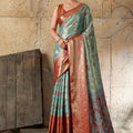 Aqua Blue Banarasi Silk Saree  Red Zari Border and Floral Weaving Saree