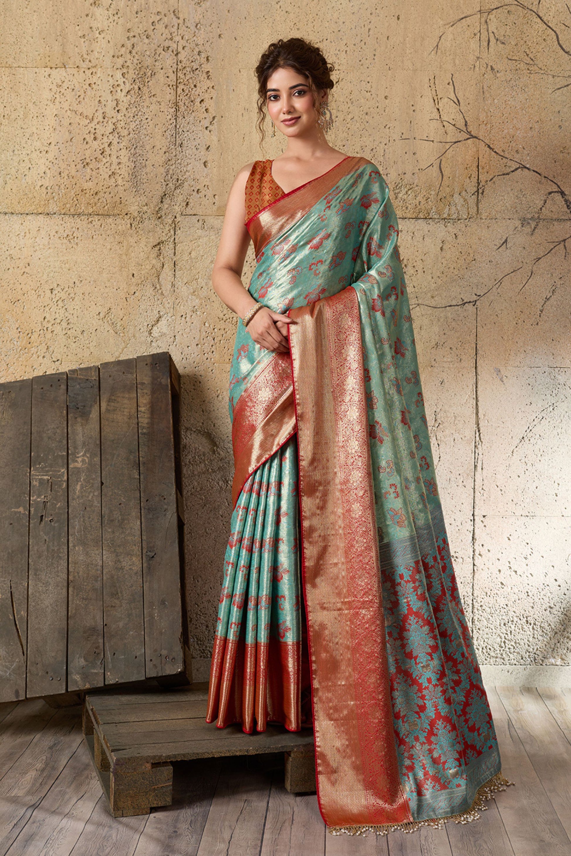 Aqua Blue Banarasi Silk Saree  Red Zari Border and Floral Weaving Saree