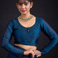 Teal Blue Embroidered Silk Saree with Designer Blouse
