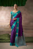 Purple Silk Saree with Contrast Teal Blue Zari Border Traditional