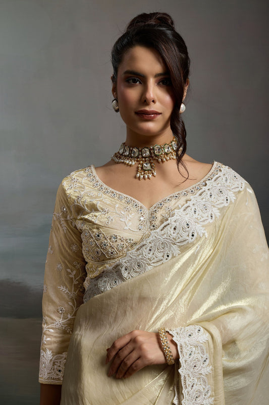 Cream Silk Saree with Designer White Lace Border Party Wear