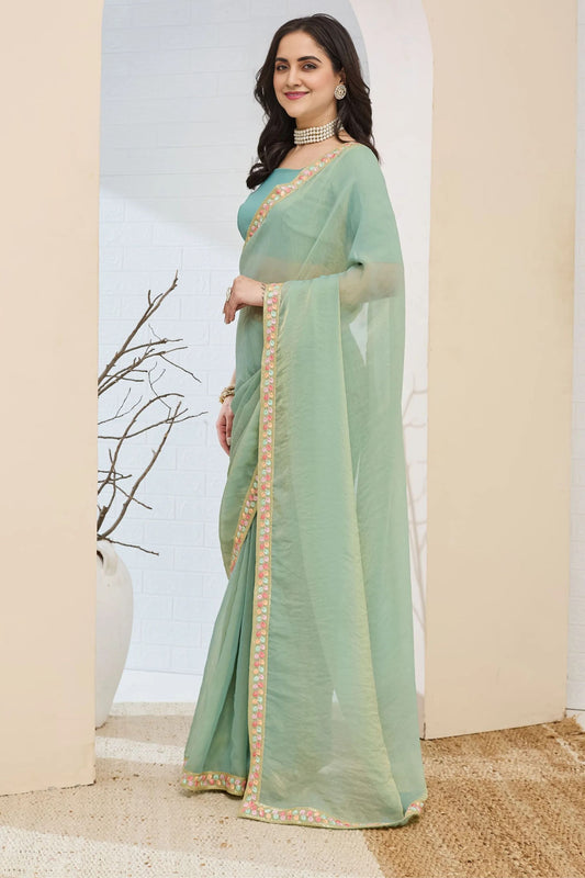 Mint Green Designer Saree Multicolor Embroidered Border Ready To Wear