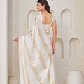 White Satin Silk Saree with Gold Zari Designer Saree
