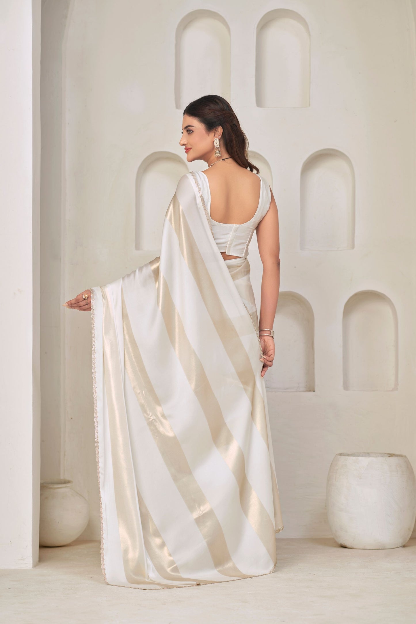 White Satin Silk Saree with Gold Zari Designer Saree