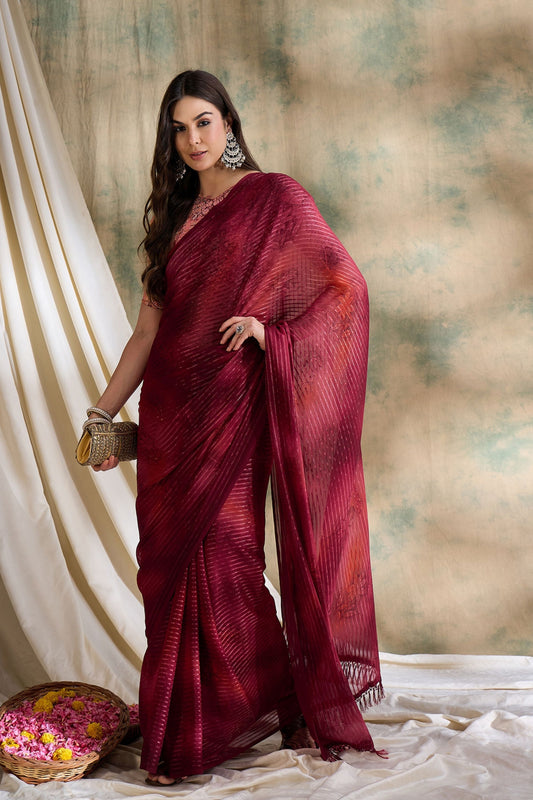 Elegant Maroon Pleated Saree with Designer Printed Blouse