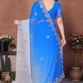 Royal Blue and Grey Georgette Saree Embroidered Border Work