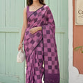 Magenta Purple Checked Cotton Saree with Woven Border Designer Pallu