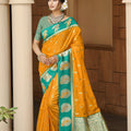 Mustard Yellow Teal Green Kanjivaram Silk Saree Zari Peacock Motif Border 