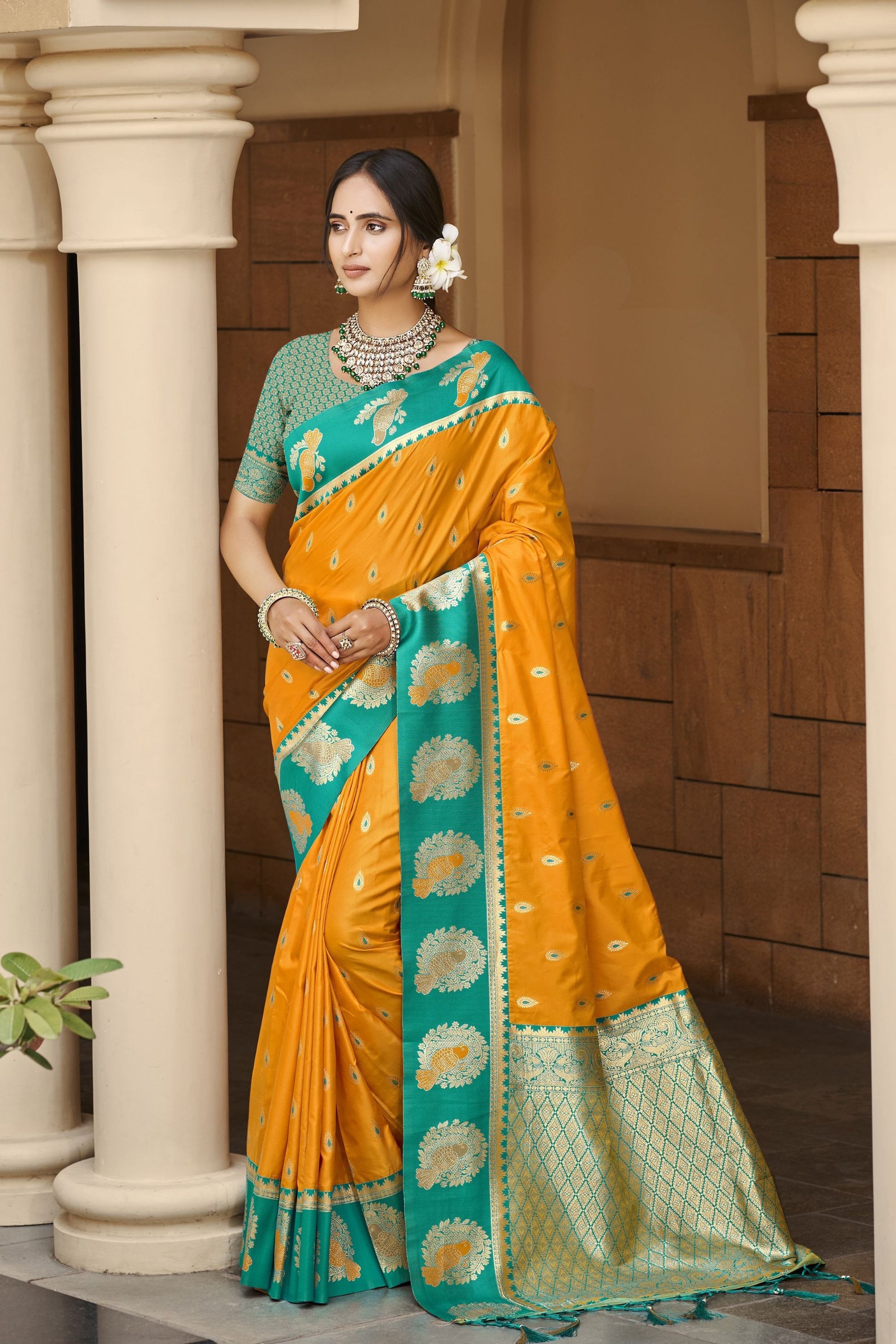 Mustard Yellow Teal Green Kanjivaram Silk Saree Zari Peacock Motif Border 
