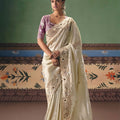 Cream Silk Saree with Heavy Golden Embroidery Border Designer Blouse 
