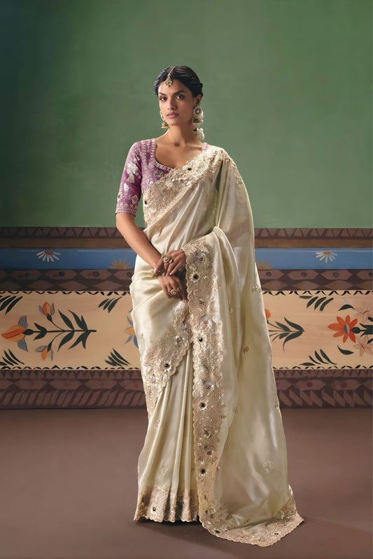 Cream Silk Saree with Heavy Golden Embroidery Border Designer Blouse 