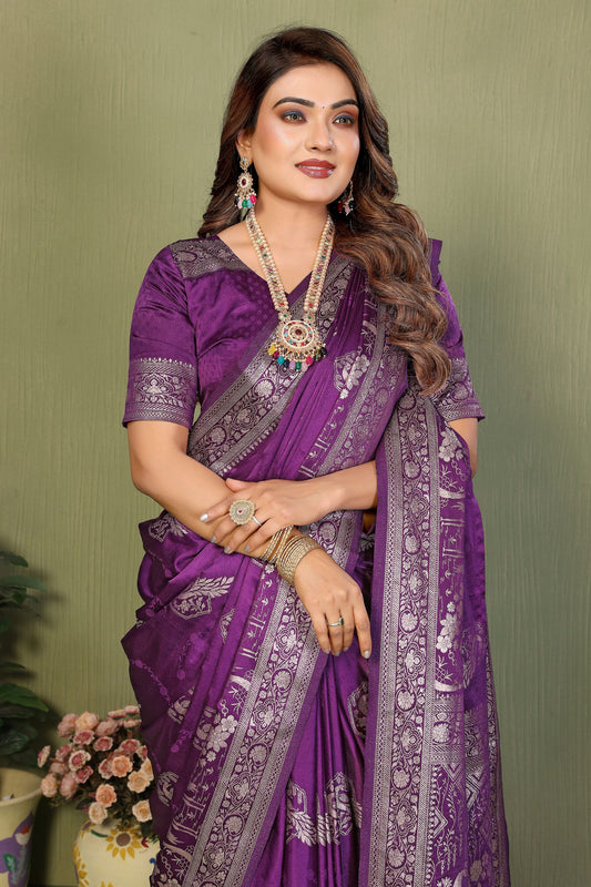 Royal Purple Banarasi Silk Saree with Rich Silver Zari Weaving Blouse Piece