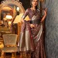Wine Brown Banarasi Silk Saree with Rich Silver Zari Weaving Designer Border