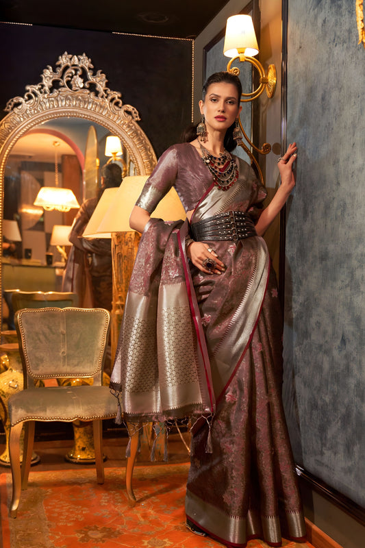 Wine Brown Banarasi Silk Saree with Rich Silver Zari Weaving Designer Border