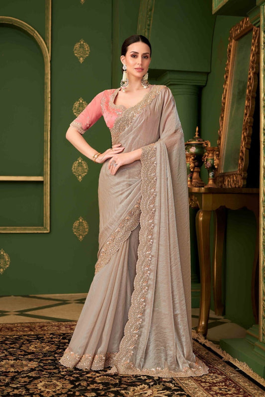 Beige Silk Saree Gold Traditional Festive Saree