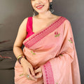 Elegant Peach Linen Cotton Saree Floral Print Pallu Traditional Border
