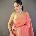 Pink Linen Silk Saree with Golden Zari Border Tassel Pallu