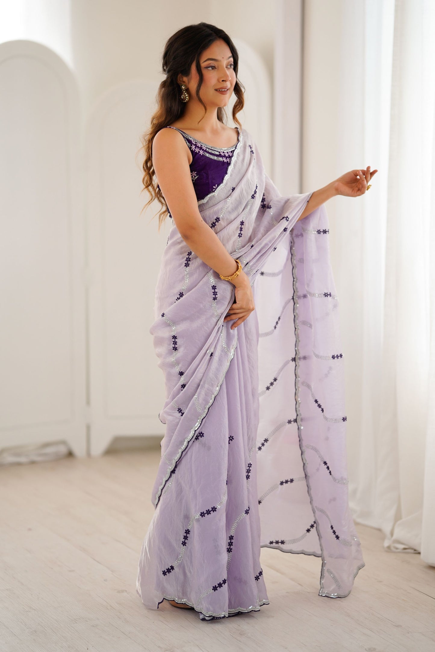 Lavender Tissue Silk Saree Purple Embroidered Sequin Designer Blouse