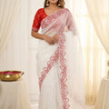 Elegant White Organza Saree with Red Embroidered Border