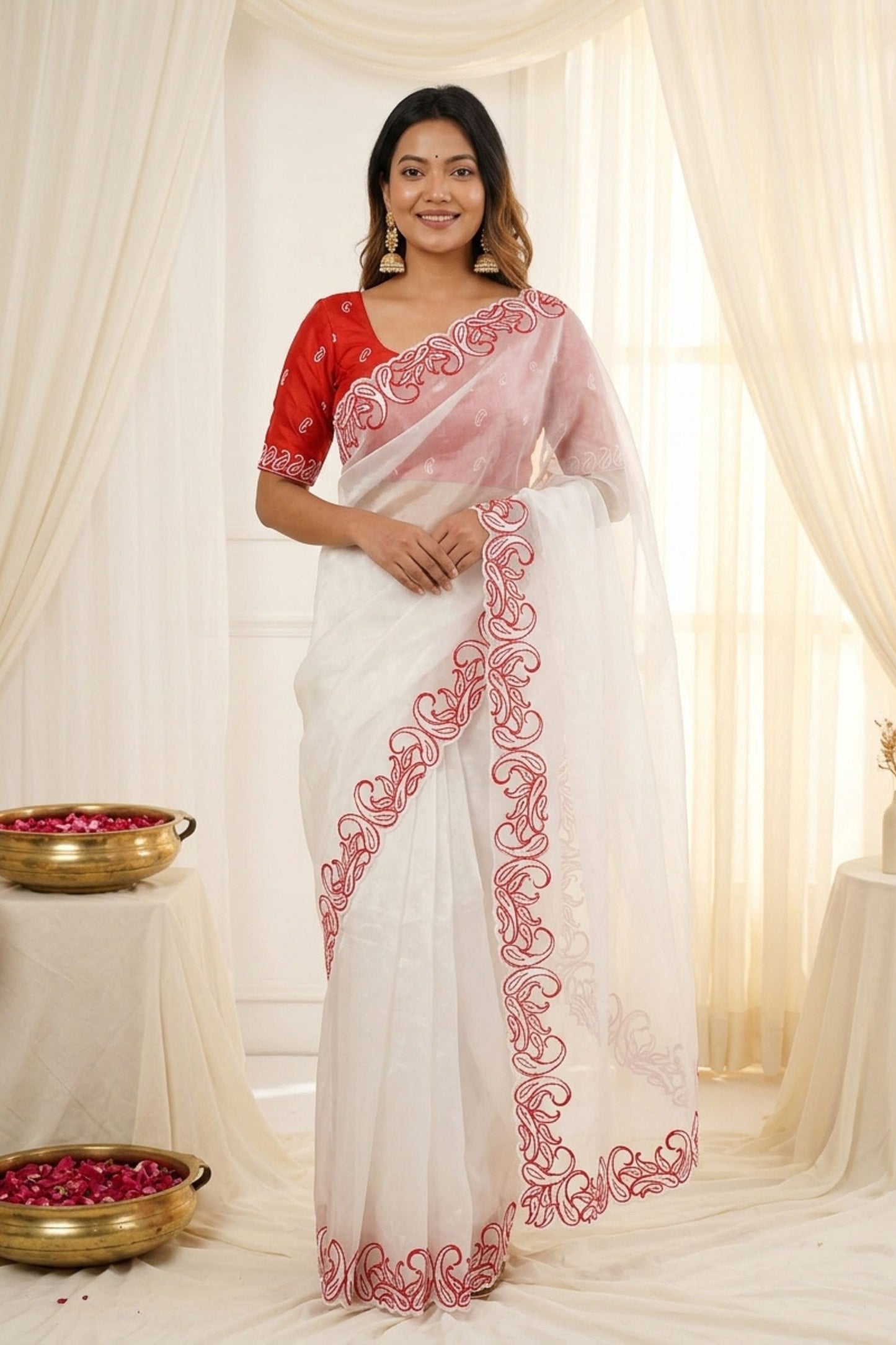 Elegant White Organza Saree with Red Embroidered Border