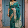Teal Green Silk Saree with Traditional Zari Border Buti Design