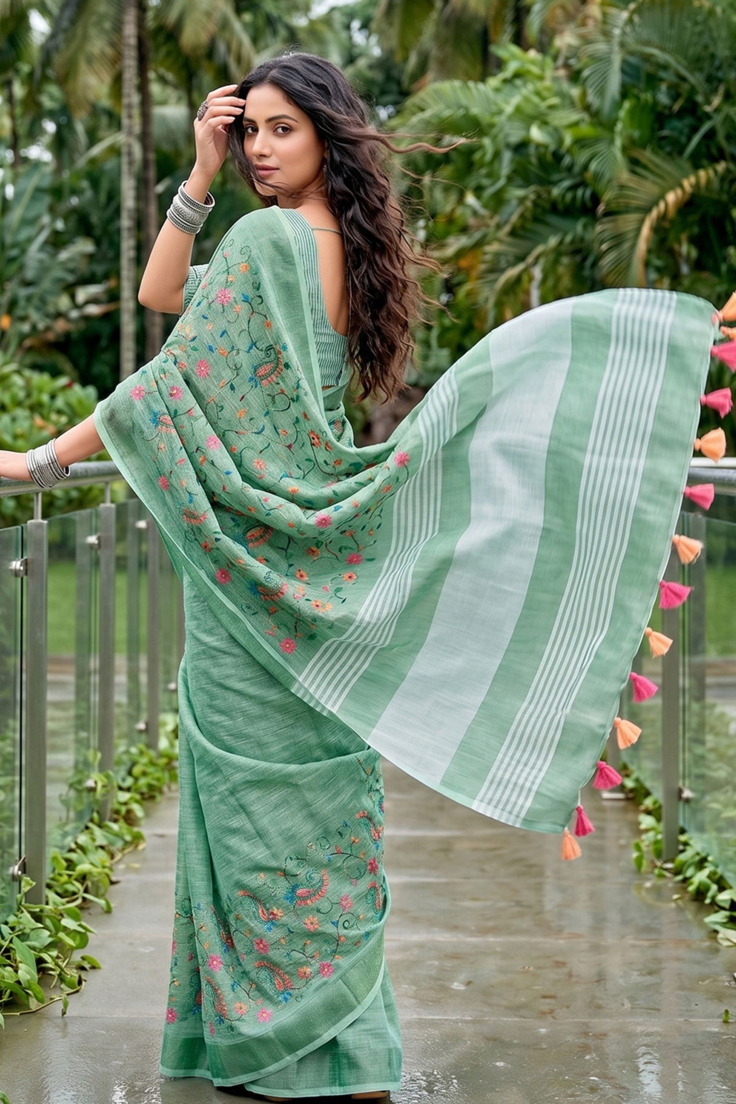 Mint Green Linen Cotton Saree Multicolor Floral Embroidery Tassel Pallu