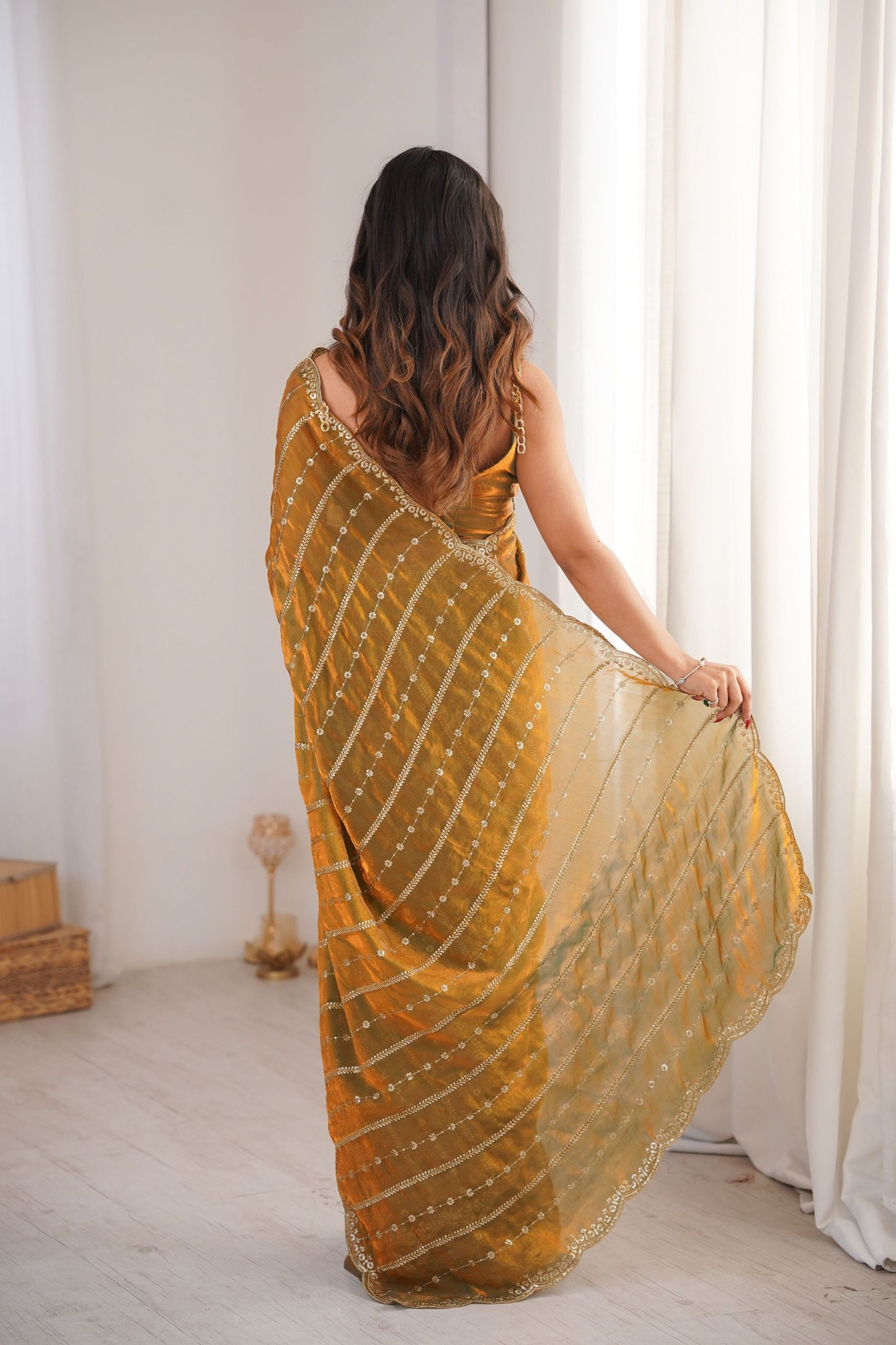 Luxury Mustard Gold Organza Silk Saree Zari Embroidery Designer Blouse