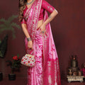 Pink Tie-Dye Silk Saree with Rani Pink Gold Woven Border