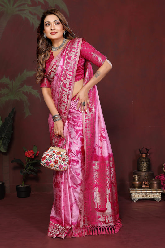 Pink Tie-Dye Silk Saree with Rani Pink Gold Woven Border
