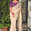 Off White Georgette Saree Golden Butti Designer Purple Floral Blouse