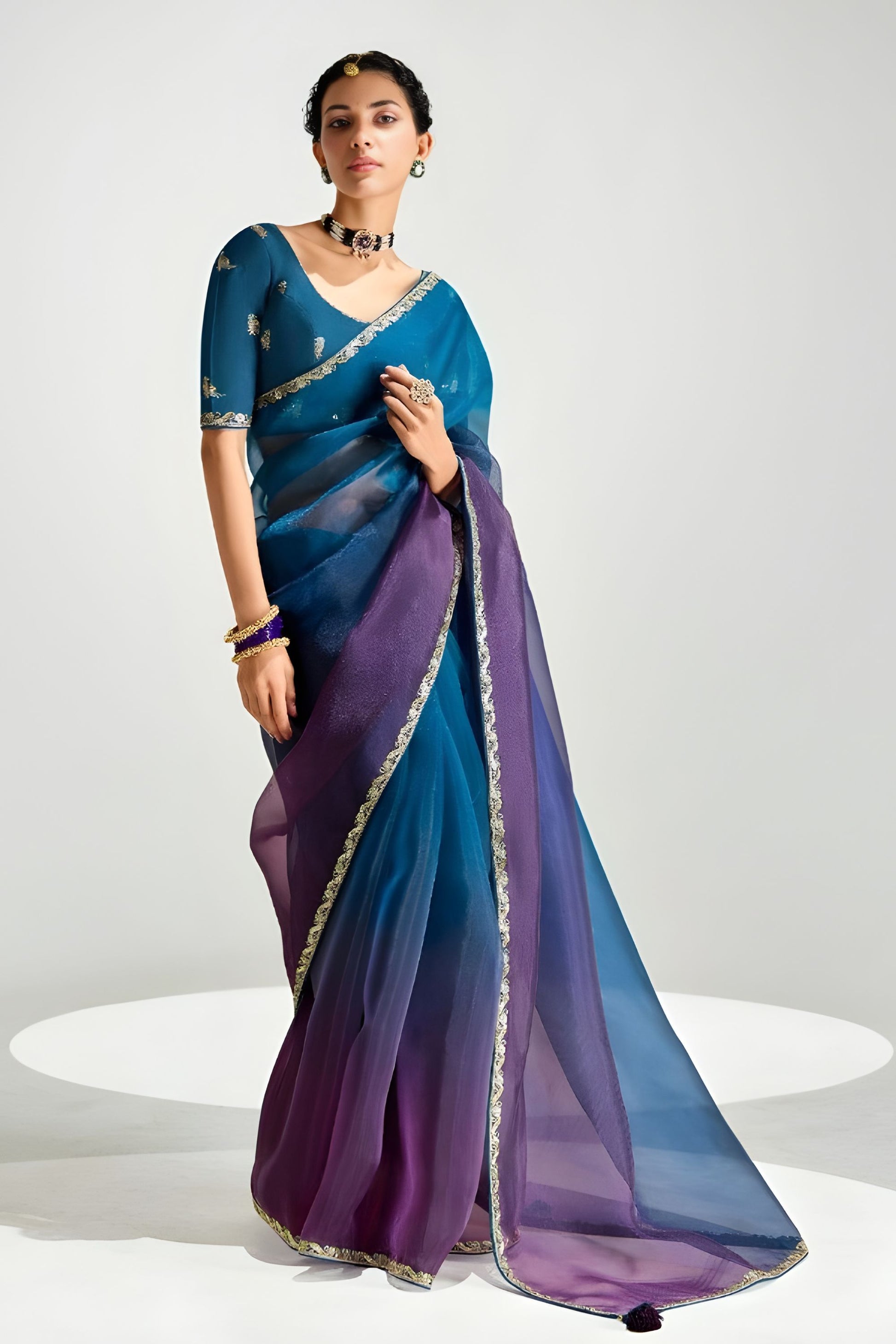 Teal Blue Purple Ombre Organza Saree with Designer Blouse 