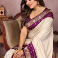 Cream Banarasi Silk Saree with Purple Zari Woven Border Rich Pallu