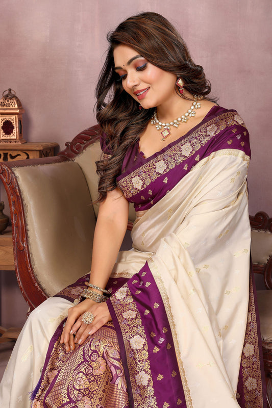 Cream Banarasi Silk Saree with Purple Zari Woven Border Rich Pallu