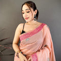 Peach Pink Linen Cotton Saree Artistic Elephant Print Pallu