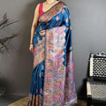 Royal Navy Blue Kashmiri Printed Satin Silk Saree with Designer Border