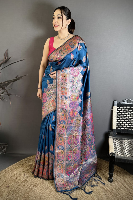 Royal Navy Blue Kashmiri Printed Satin Silk Saree with Designer Border