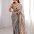 Elegant Grey Linen Designer Saree with Mirror Work Border