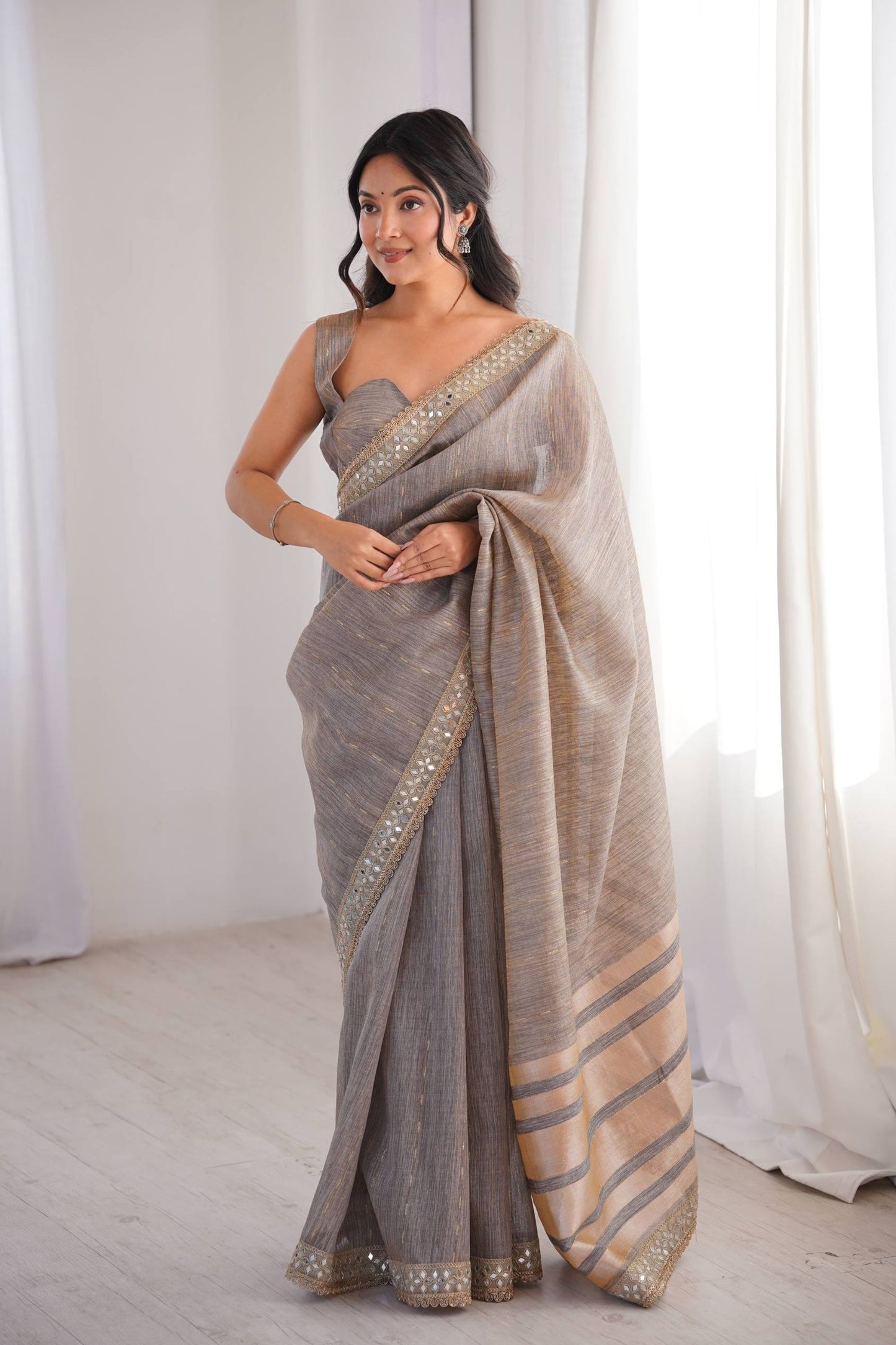 Elegant Grey Linen Designer Saree with Mirror Work Border