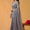 Grey Organza Silk Saree with Embroidered Border and Designer Blouse