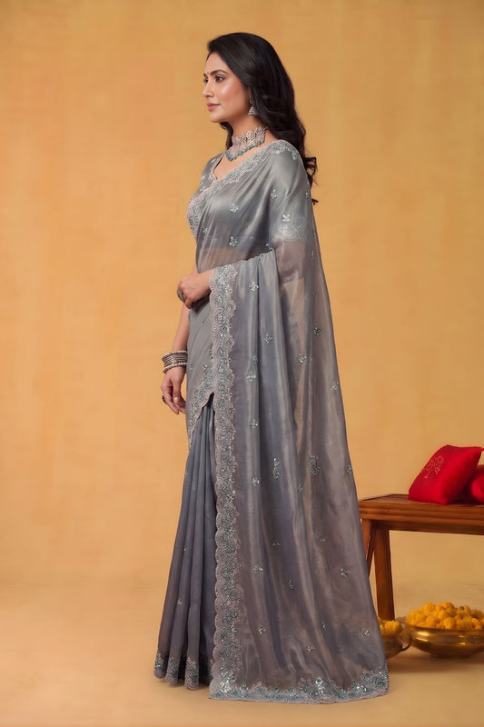 Grey Organza Silk Saree with Embroidered Border and Designer Blouse