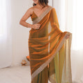 Olive Green Copper Organza Saree Designer Embroidered Border