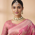 Rose Pink Silk Saree with Gold Zari Floral Weaving Traditional Wear Saree