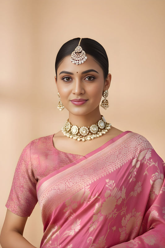 Rose Pink Silk Saree with Gold Zari Floral Weaving Traditional Wear Saree