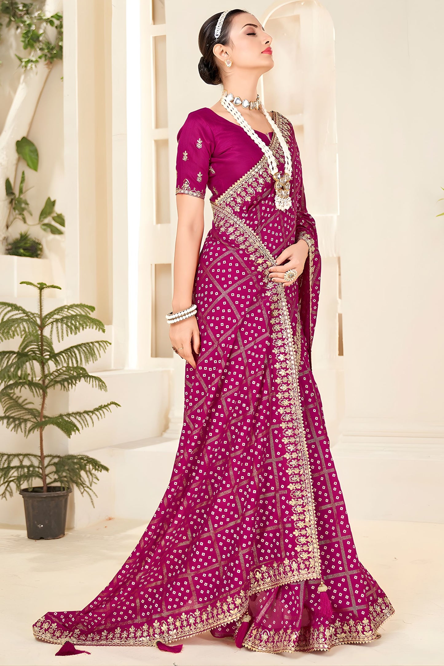 Rani Pink Embroidered Designer Saree with Sequins Work Heavy Border