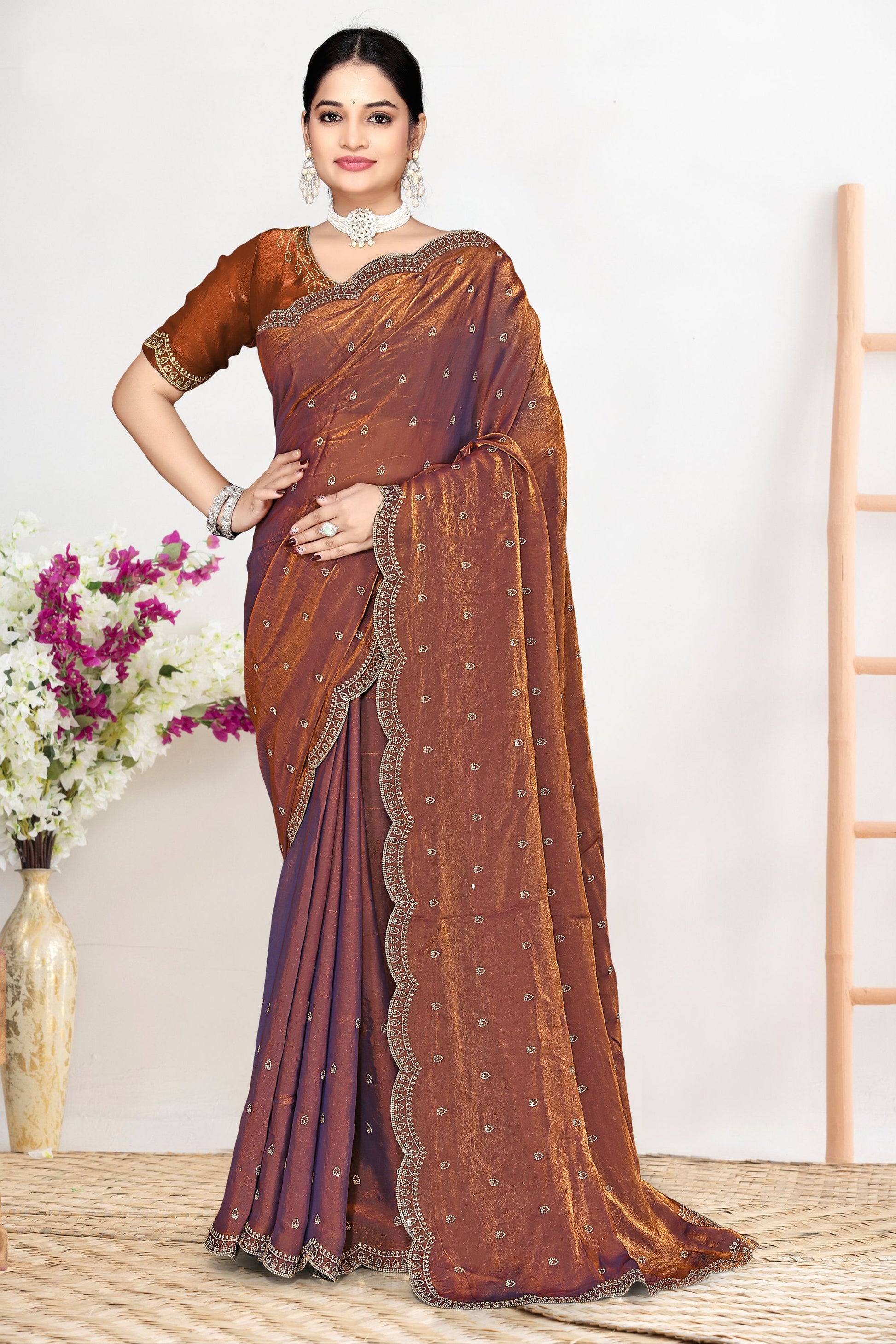Copper Brown Dual Tone Silk Saree Zari Embroidered Border Buti Work
