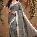 Grey Cotton Linen Saree with Woven Motifs Silver Zari Border